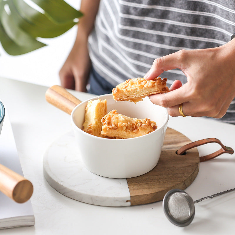 Open Pot With Wooden Handle - White