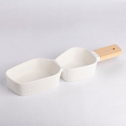 Two-Section Platter with Wooden Handle - White