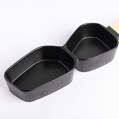 Two Section Platter with Wooden Handle - Black