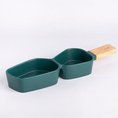 Two-Section Platter with Wooden Handle - Green