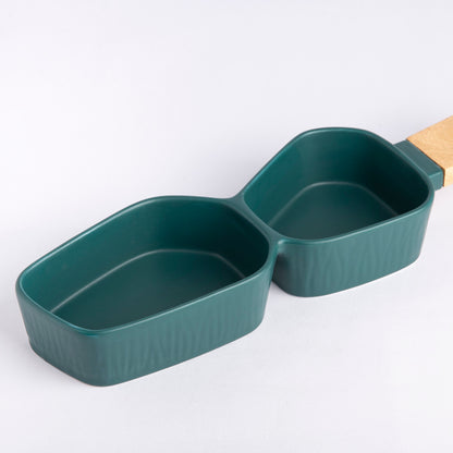 Two-Section Platter with Wooden Handle - Green