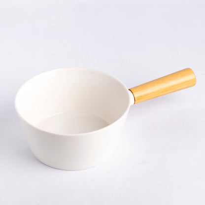 Open Pot With Wooden Handle - White