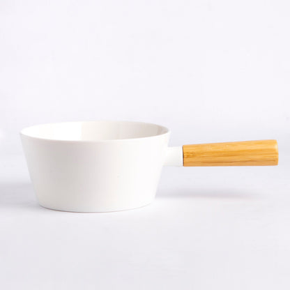 Open Pot With Wooden Handle - White