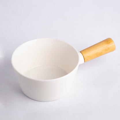 Open Pot With Wooden Handle - White