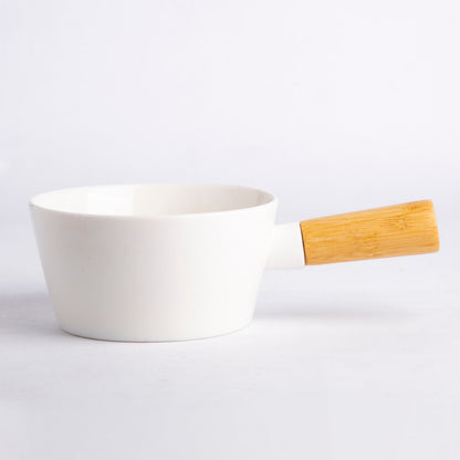 Open Pot With Wooden Handle - White